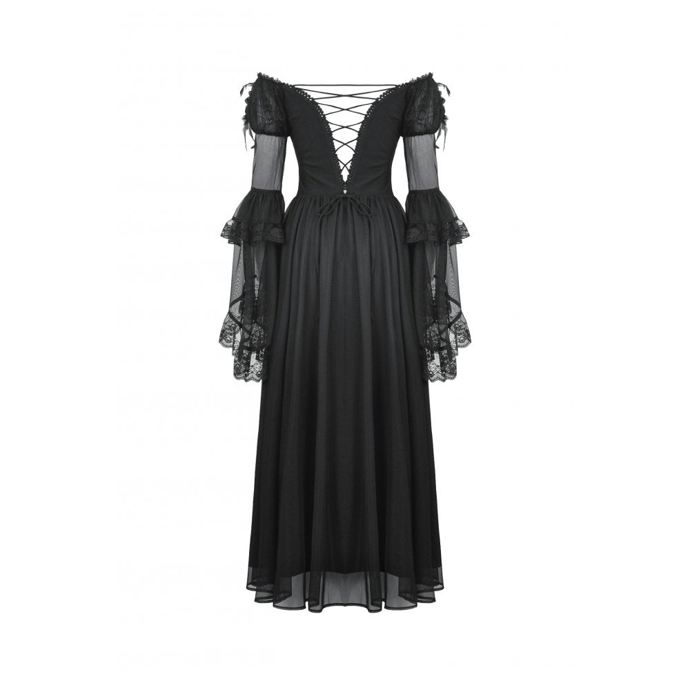Dark in Love Millicent Black Tulle Feather Gothic Dress with Lace