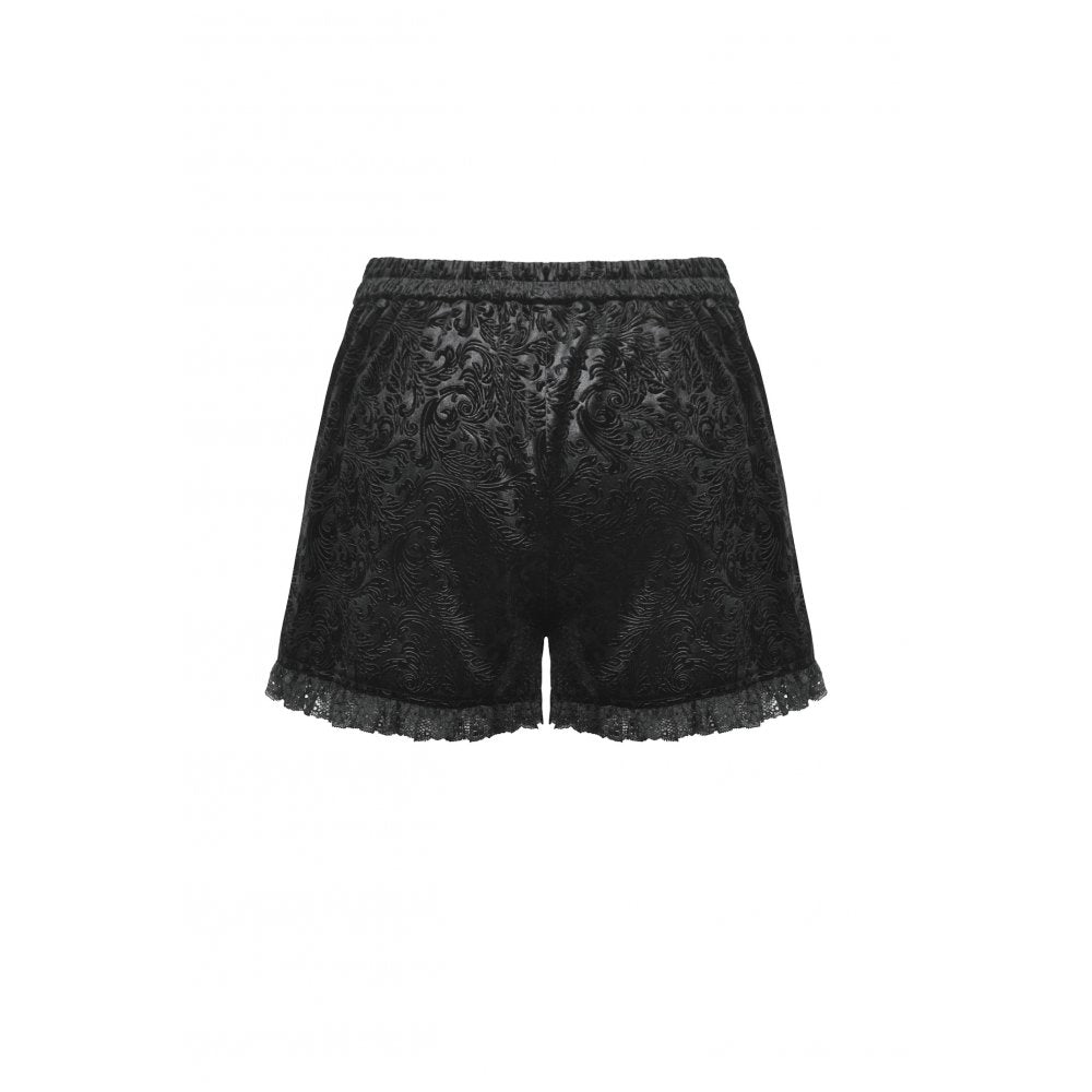 Dark in Love Venus Black Velvet Floral Embossed Gothic Shorts with Lace