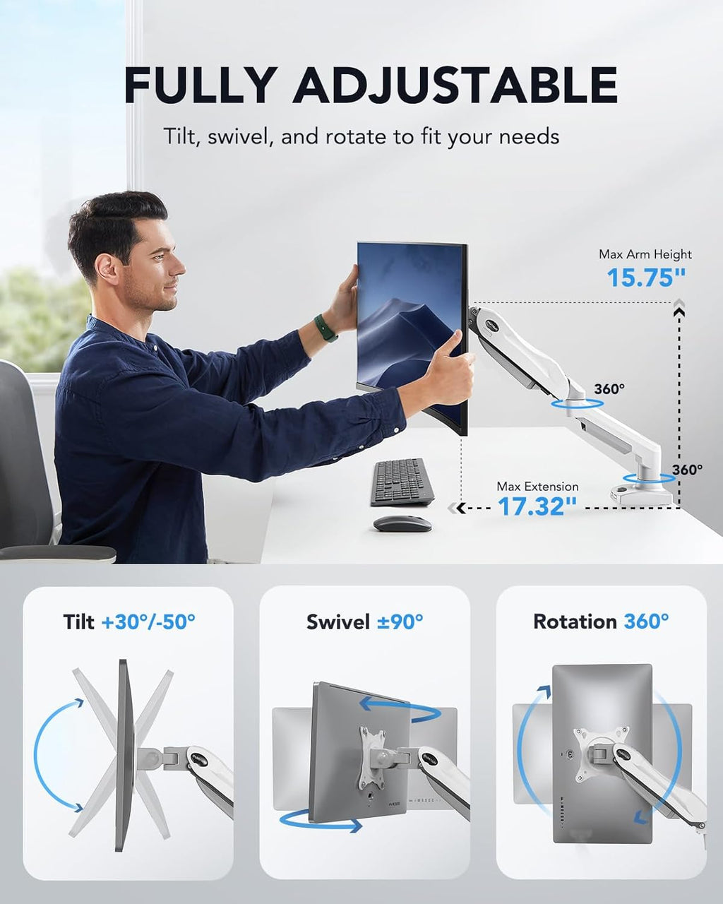 HUANUO Single Monitor Arm – Gas Spring Desk Mount for 13-32 Inch Screens