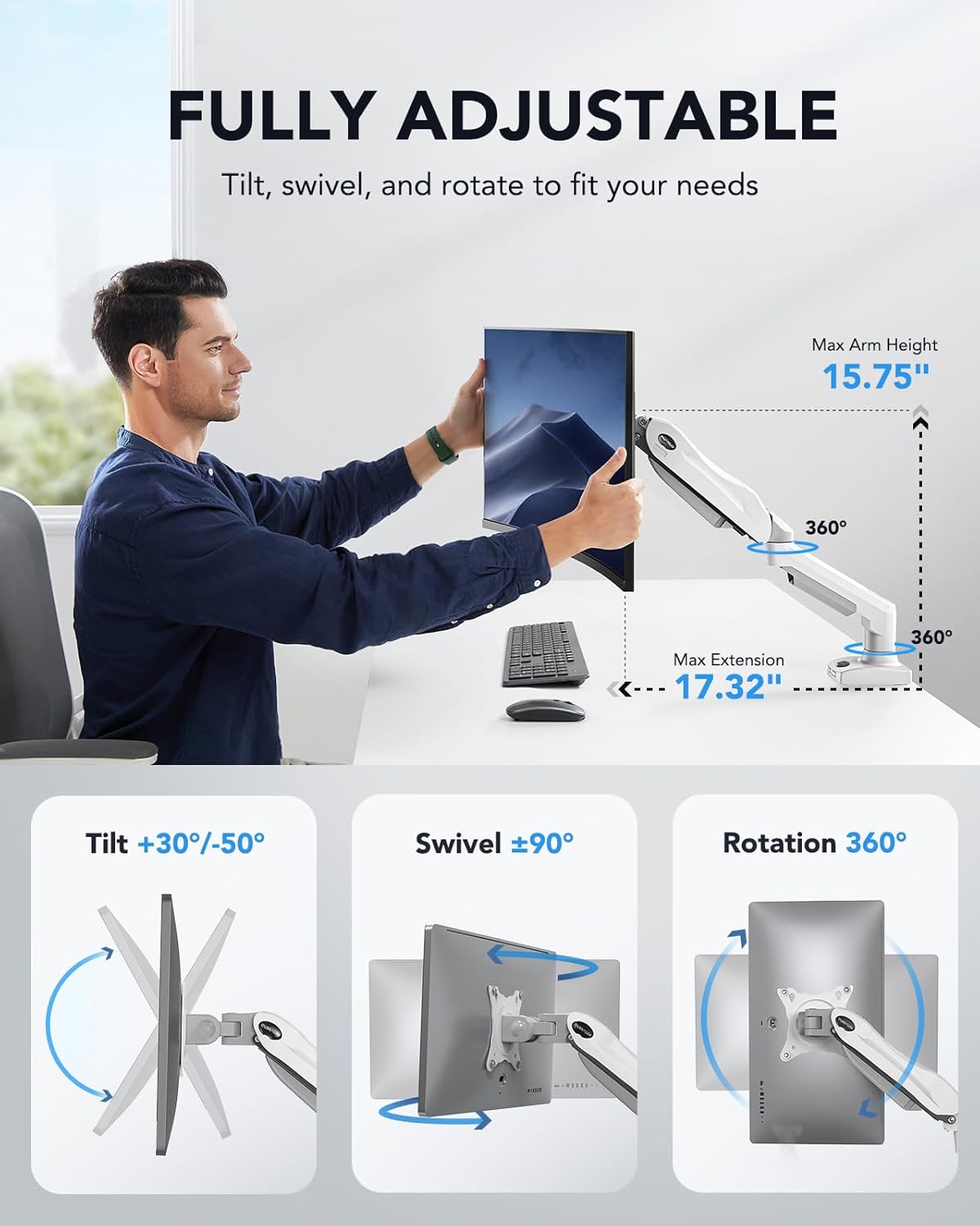 HUANUO Single Monitor Arm – Gas Spring Desk Mount for 13-32 Inch Screens