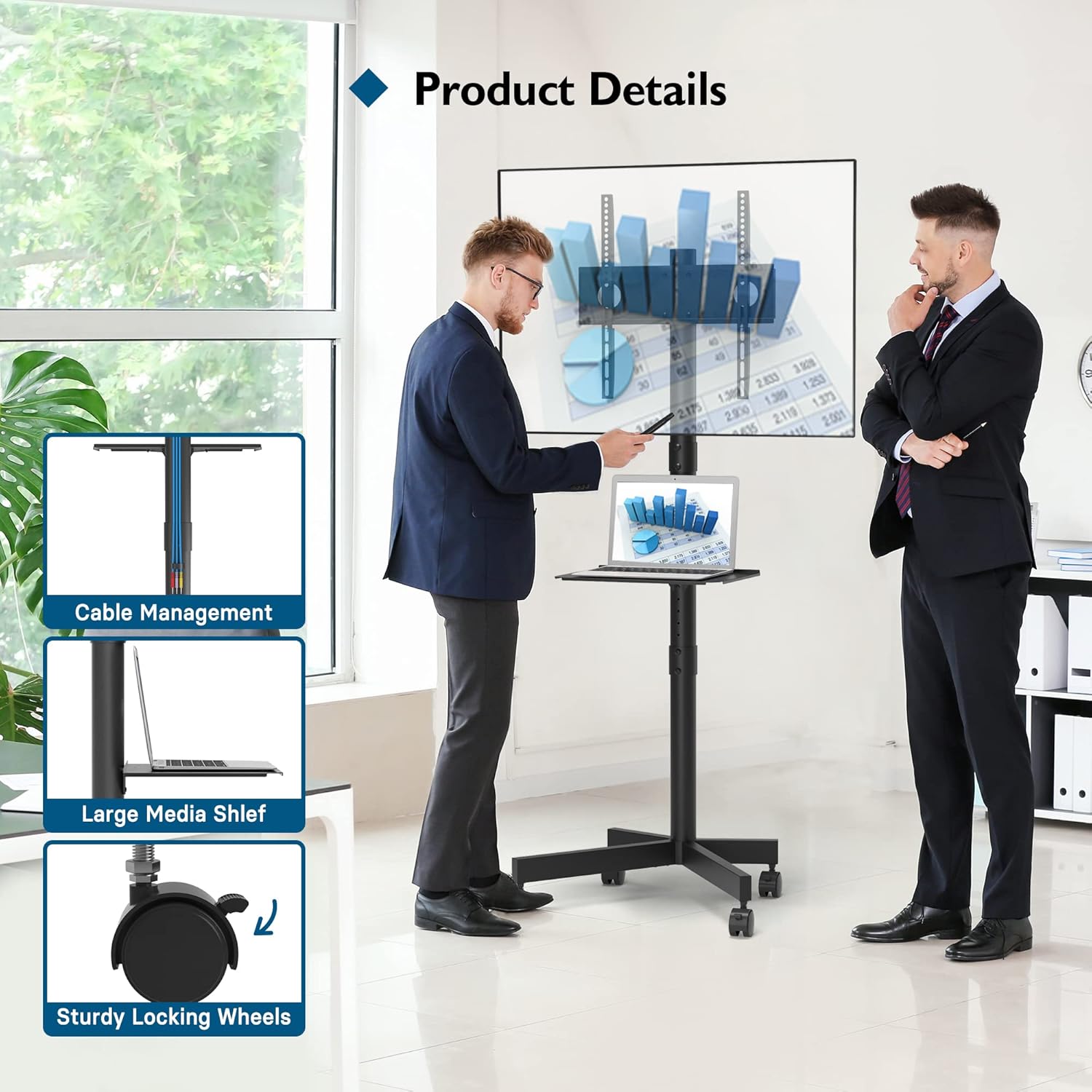 BONTEC Mobile TV Stand on Wheels | 23-60 Inch Height Adjustable Cart