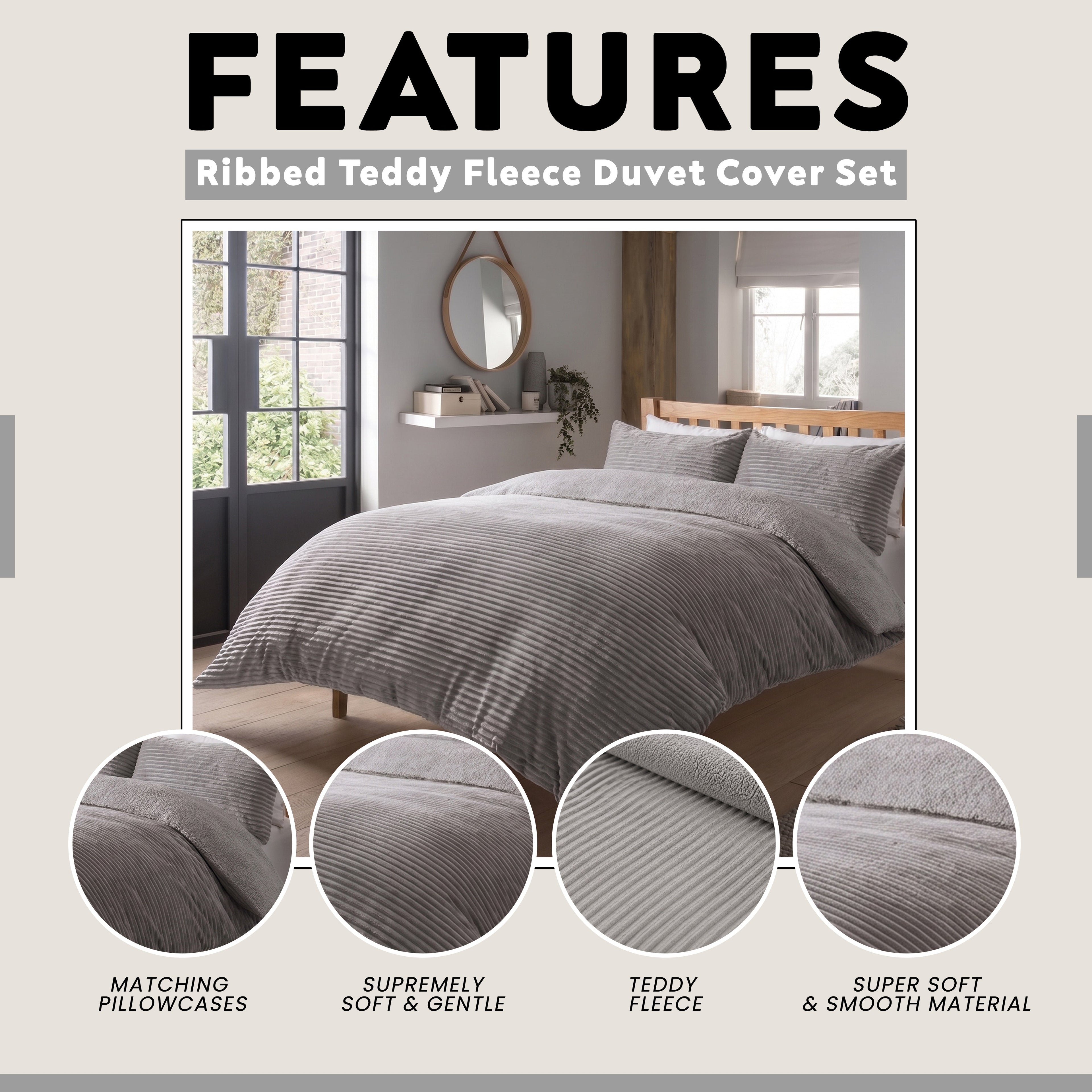 OLIVIA ROCCO Ribbed Fleece Reversible Teddy Duvet Set – Soft Winter Bedding