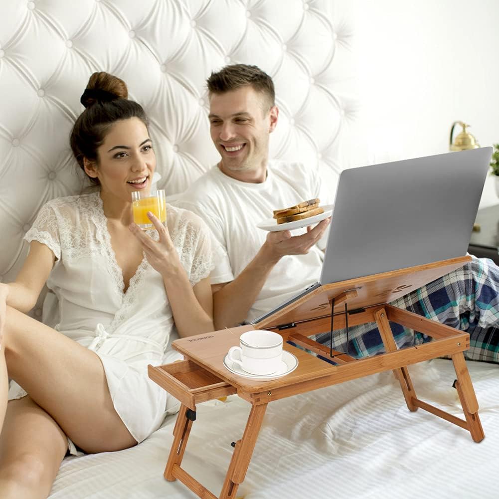 Ejoyous Bamboo Laptop Desk | Adjustable Bed Tray with Drawer & Vent