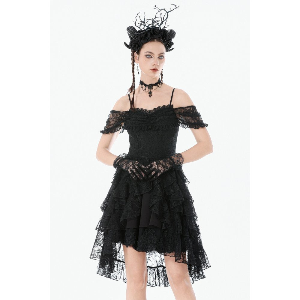 Dark in Love Gothic Lace High-Low Dress – Black Off-Shoulder Gown