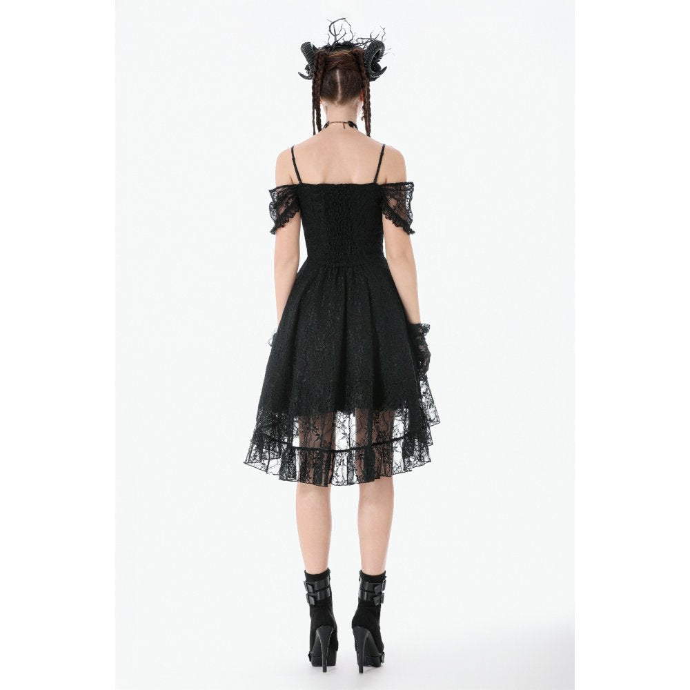 Dark in Love Gothic Lace High-Low Dress – Black Off-Shoulder Gown