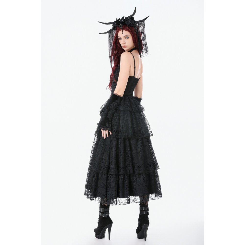 Dark in Love Black Gothic Satin and Lace Tiered Corset Dress