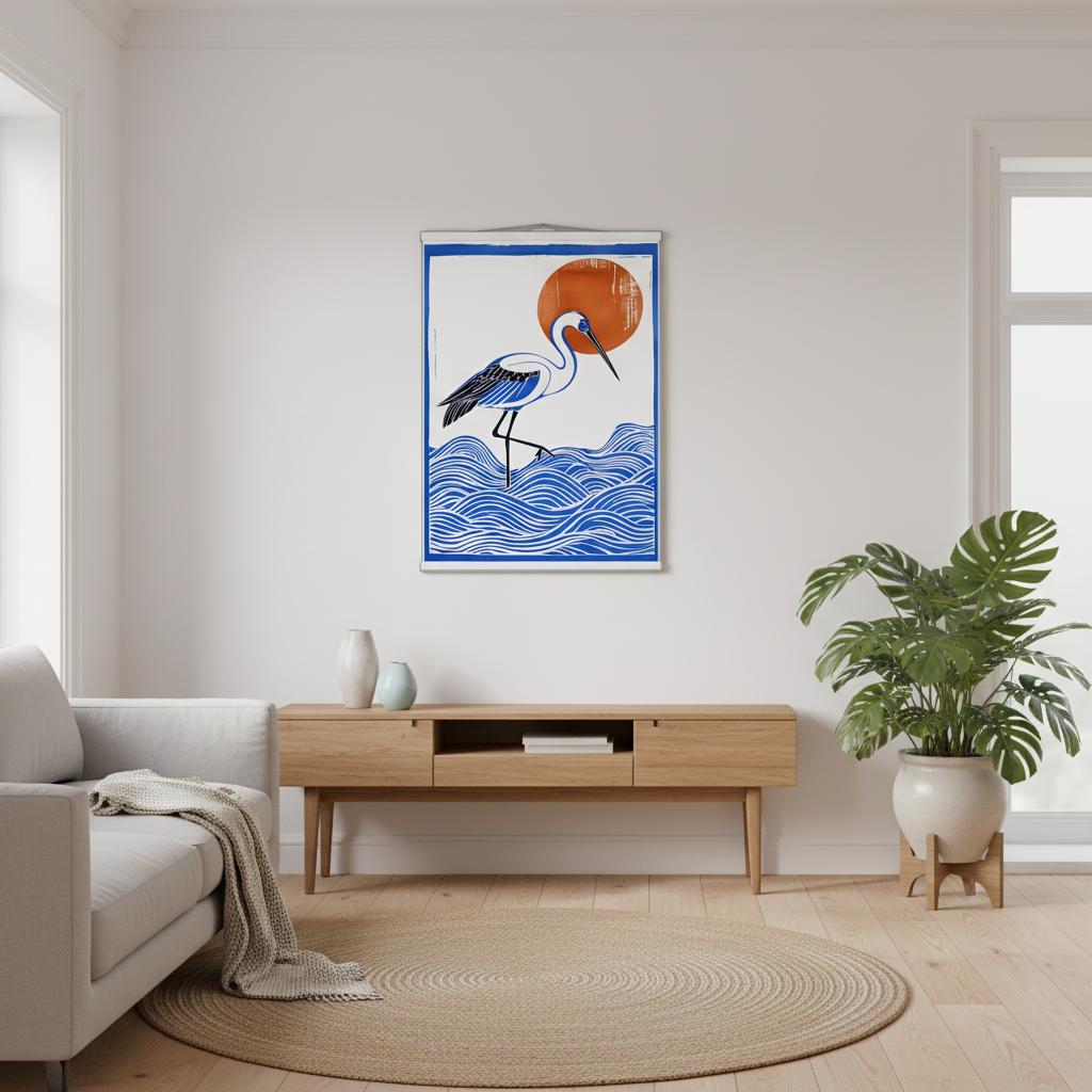 Minimalist Crane Wall Art Poster with Hanger - Japanese Ocean Prints - Modern Home Decor