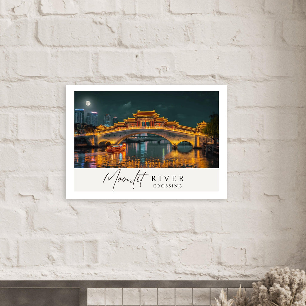 Moonlit River Crossing Poster - Illuminated Bridge Night Scene - Modern Landscape Wall Art Print