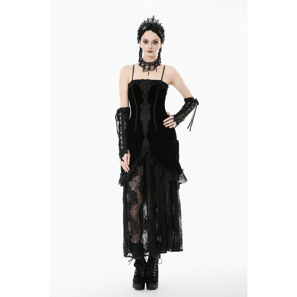 Dark in Love Vampiress Velvet and Lace Maxi Dress – Gothic Black
