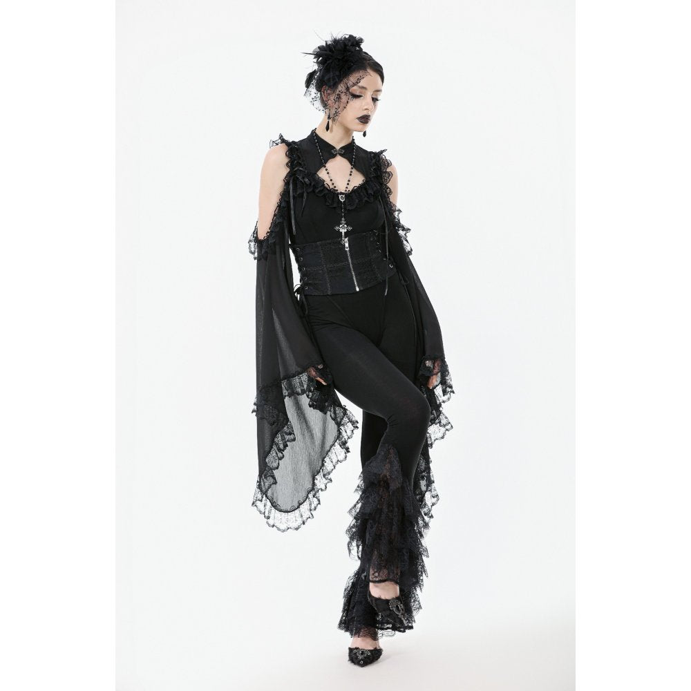 Dark in Love Goth Flare Leggings – Black High Waist Lace Frill
