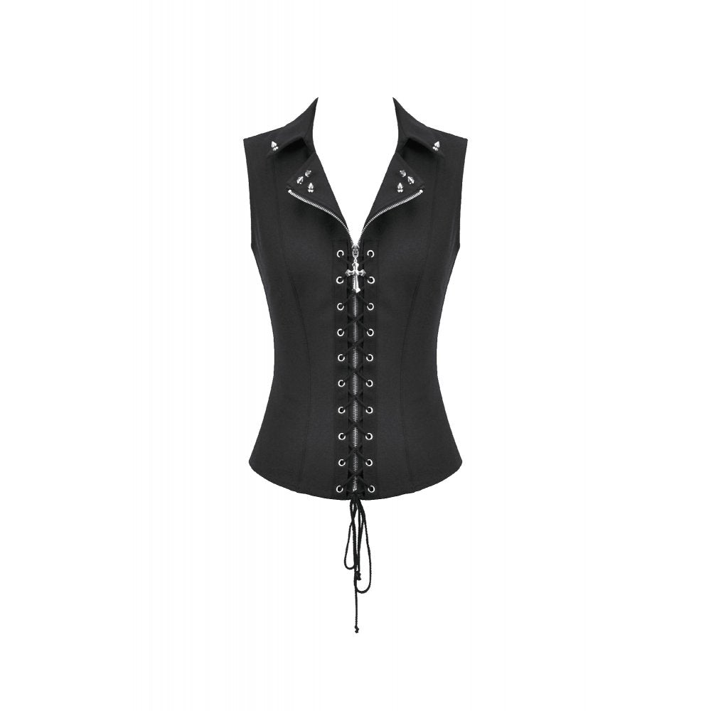 Dark in Love Punk Studded Lace-Up Corset Vest – Black Gothic Top