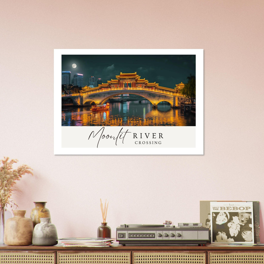 Moonlit River Crossing Poster - Illuminated Bridge Night Scene - Modern Landscape Wall Art Print