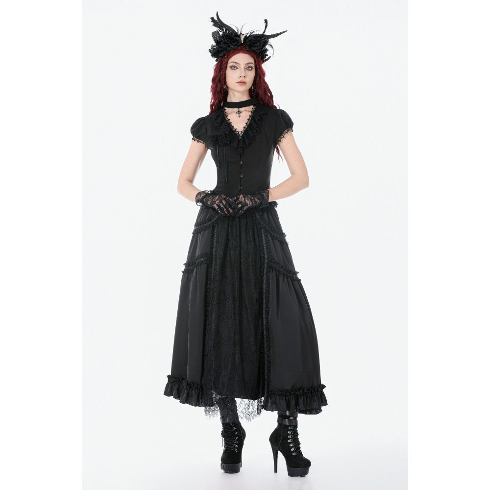 Dark in Love Courtly Cross Gem Gothic Blouse | Black Lace Puff Sleeve