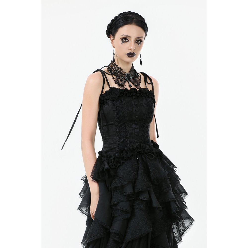 Dark in Love Selene Black Floral Jacquard Ruffled Corset Top