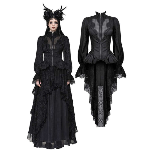 Dark in Love Felicity Gothic Lace Zip Up Tailcoat Shirt – Black