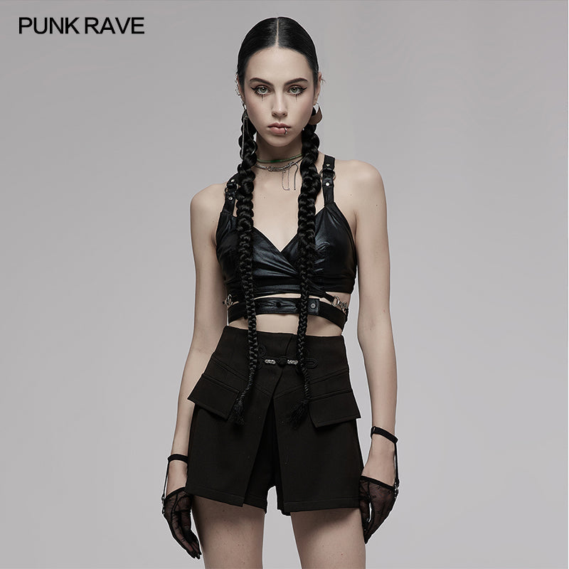 PUNK RAVE Nyx Black Faux Leather Cross Strap Crop Top – Gothic Style