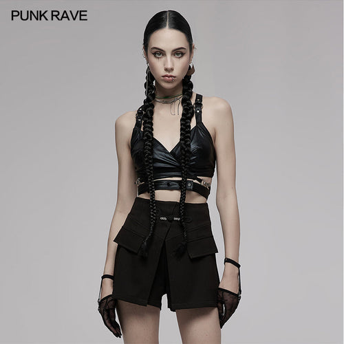 PUNK RAVE Nyx Black Faux Leather Cross Strap Crop Top – Gothic Style
