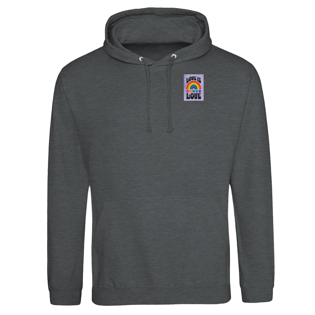 Love Is Love Hoodie – Retro LGBTQ+ Pride Pullover | JustHoods JH001 Premium Unisex Sweatshirt with Rainbow Pocket Print