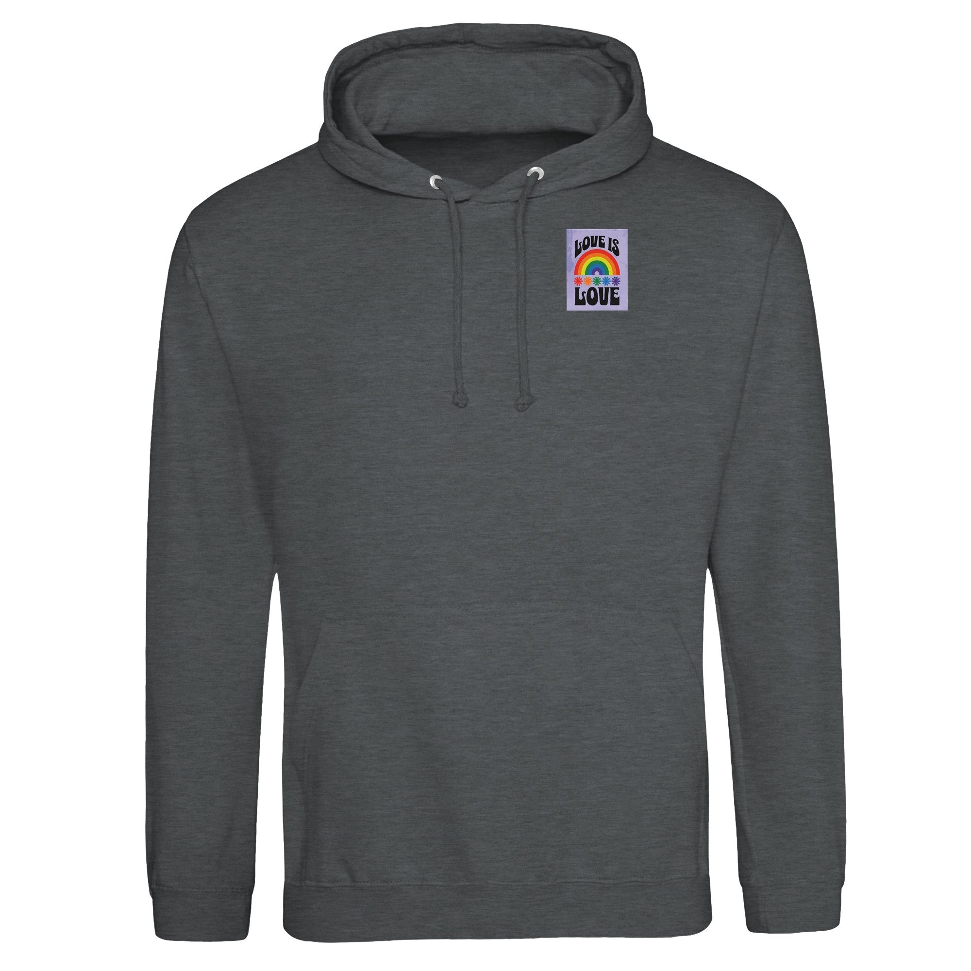 Love Is Love Hoodie – Retro LGBTQ+ Pride Pullover | JustHoods JH001 Premium Unisex Sweatshirt with Rainbow Pocket Print