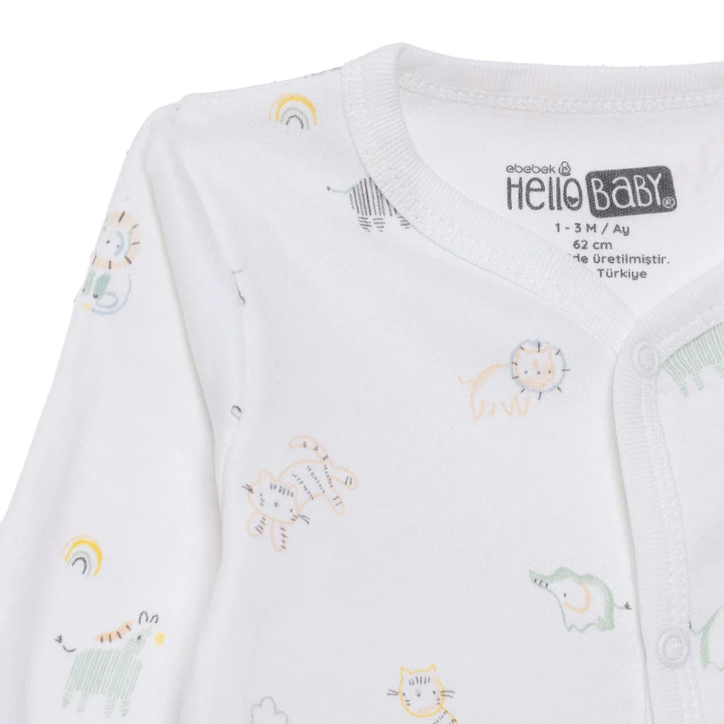HelloBaby Boys Footed Romper Animal with Poppers Crew Neck Long Leg Long Sleeve - White Printed