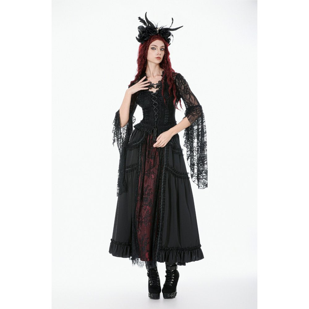 Dark in Love Gothic Victorian Crimson Lace Panel Maxi Skirt