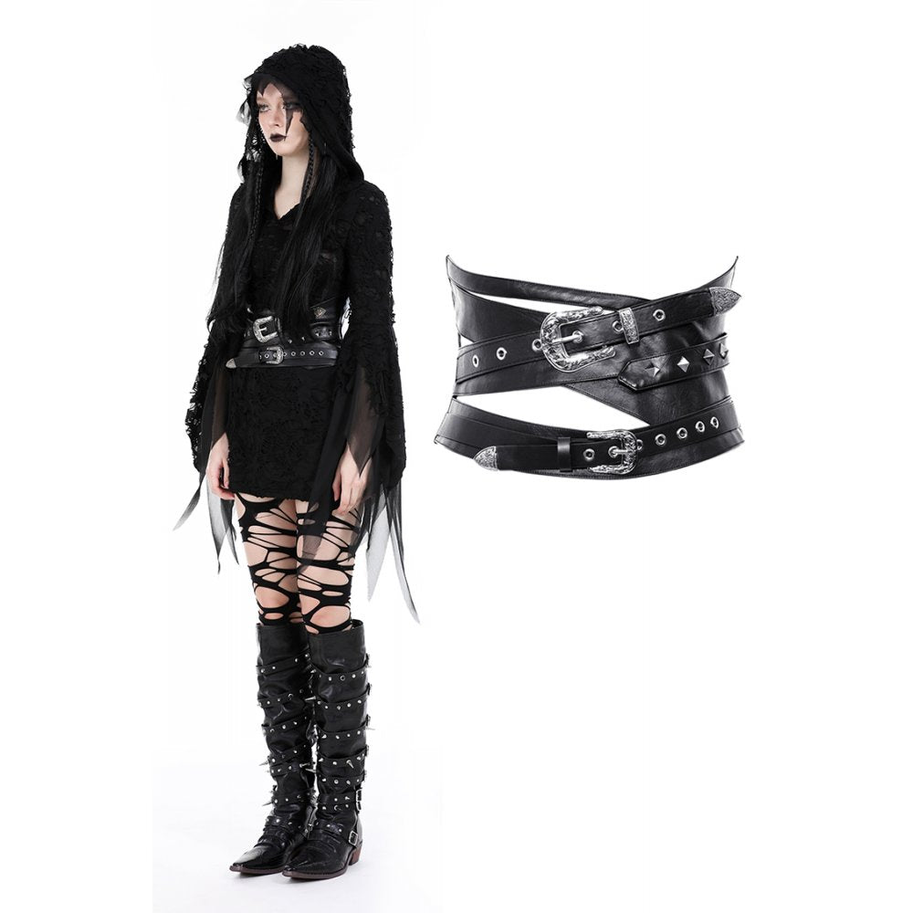 Dark in Love Elvira Goth Waist Belt – Layered Black Faux Leather