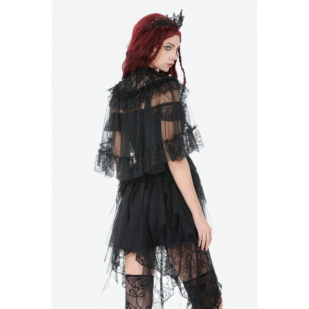 Dark in Love Morwenna Gothic Black Lace Ruffle Capelet with High Collar