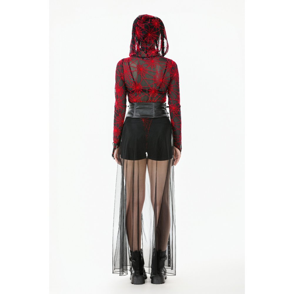 Dark in Love Gothic Sheer Mesh Maxi Skirt with PU Corset Belt - Black