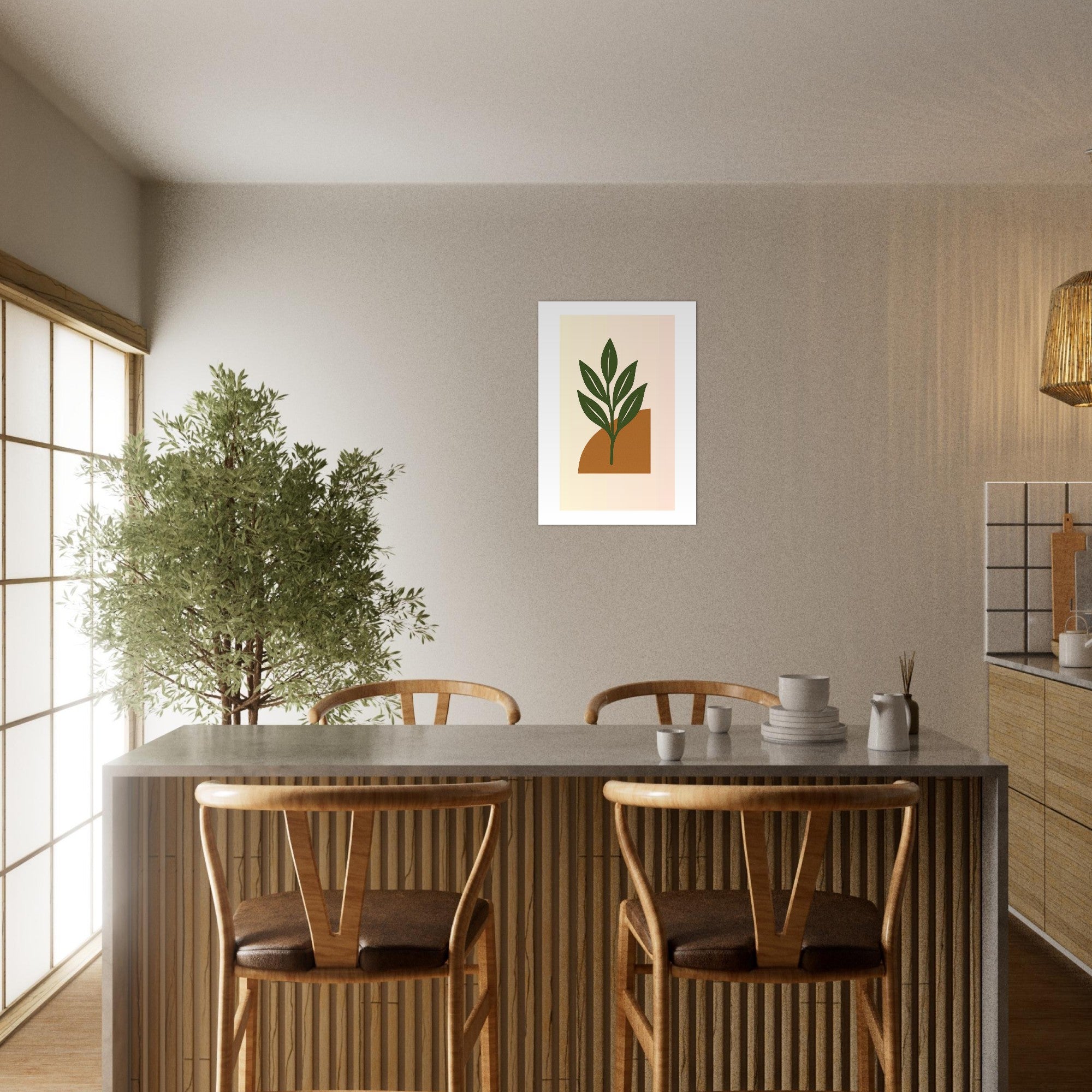 Green Leaf Botanical Wall Art – Minimal Plant Print with Terracotta Accent, Boho Decor