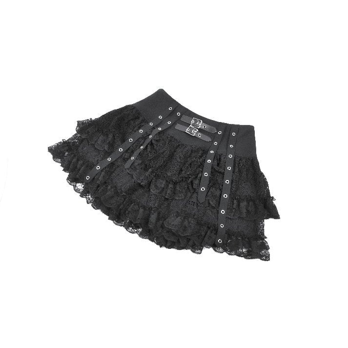 Dark in Love Black Punk Eyelet Lace Layered Mini Skirt with Buckles