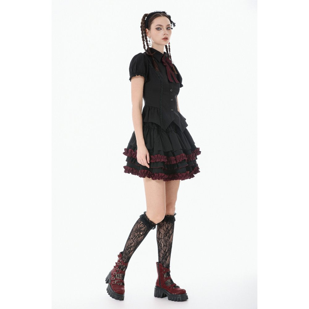 Dark in Love Black & Crimson Gothic Tiered Ruffle Mini Skirt