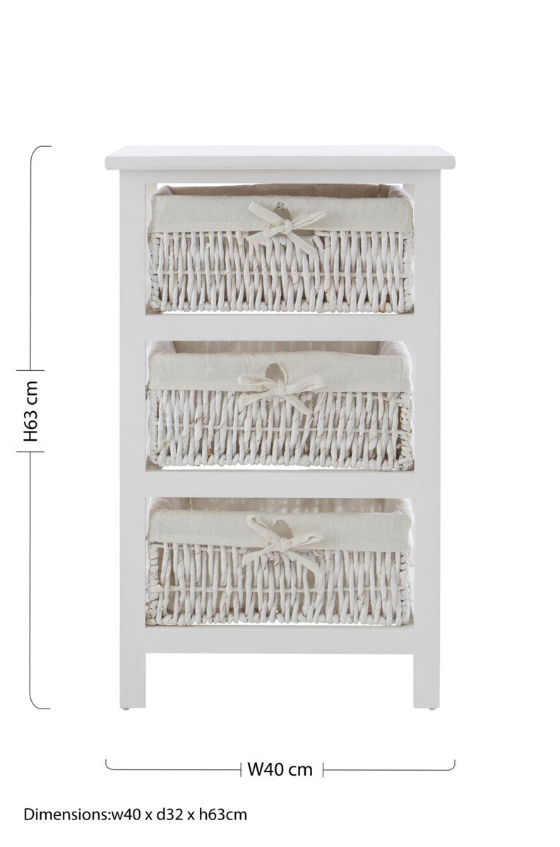 Orsina White Storage Unit with 3 Woven Maize Baskets – Compact Design