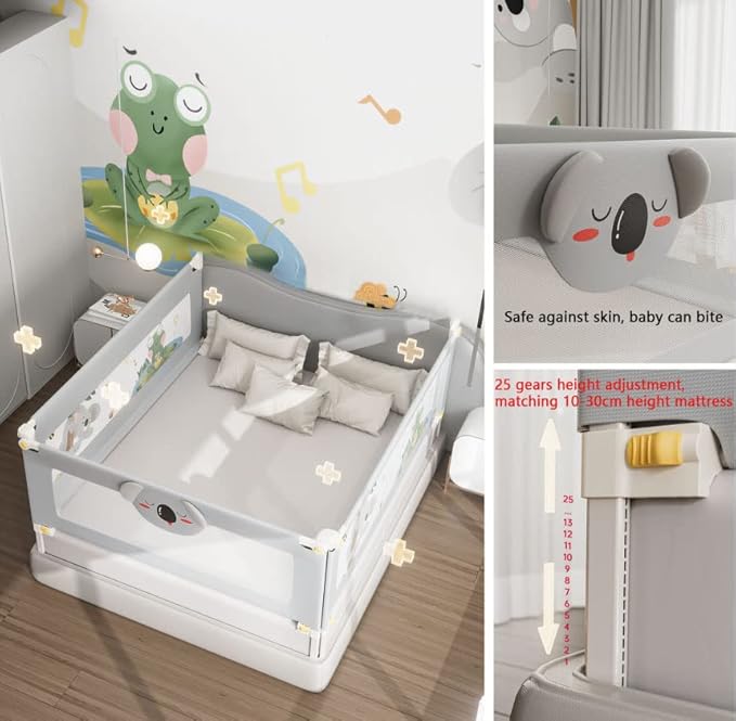 EAQ Toddler Bed Guard 150cm | No-Install Adjustable Gray Frog Rail