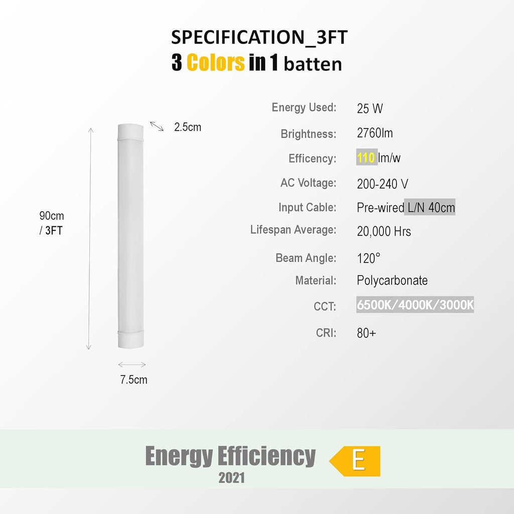 Sundertech 3FT LED Batten Light 2-Pack | 25W 3CCT Selectable Slim Fixture