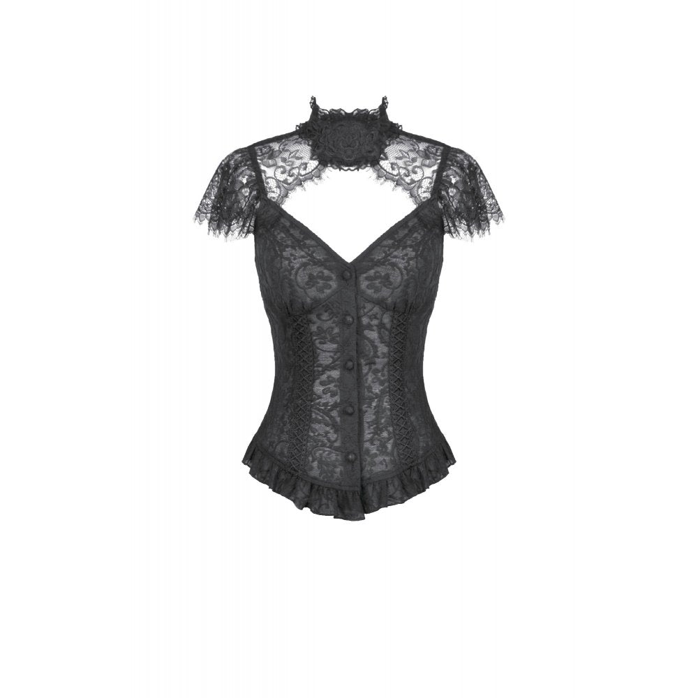 Kate's Clothing Black Floral Lace High-Neck Gothic Corset Top