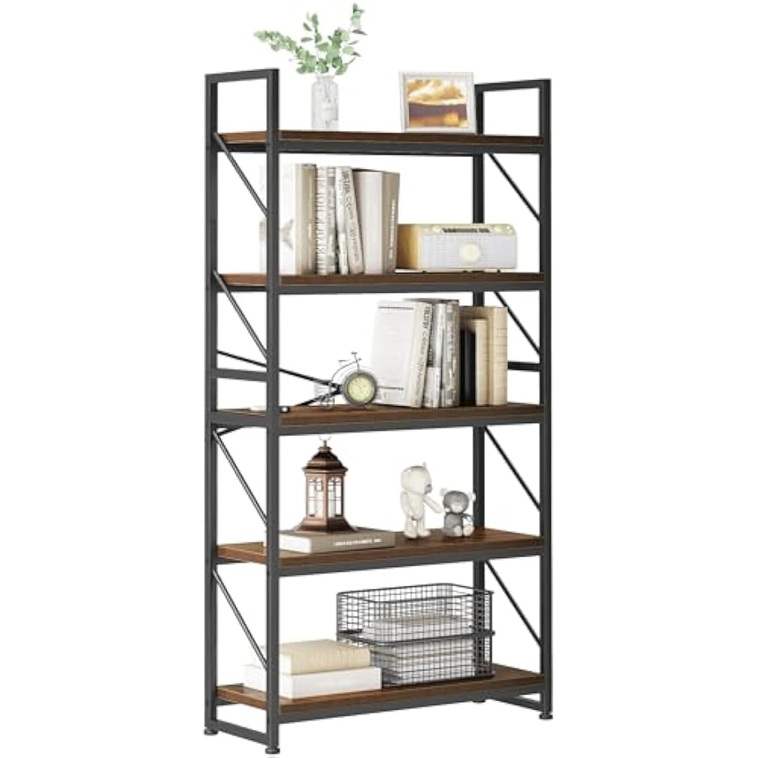 YITAHOME 5-Tier Industrial Bookcase | Rustic Brown Metal Storage Shelf