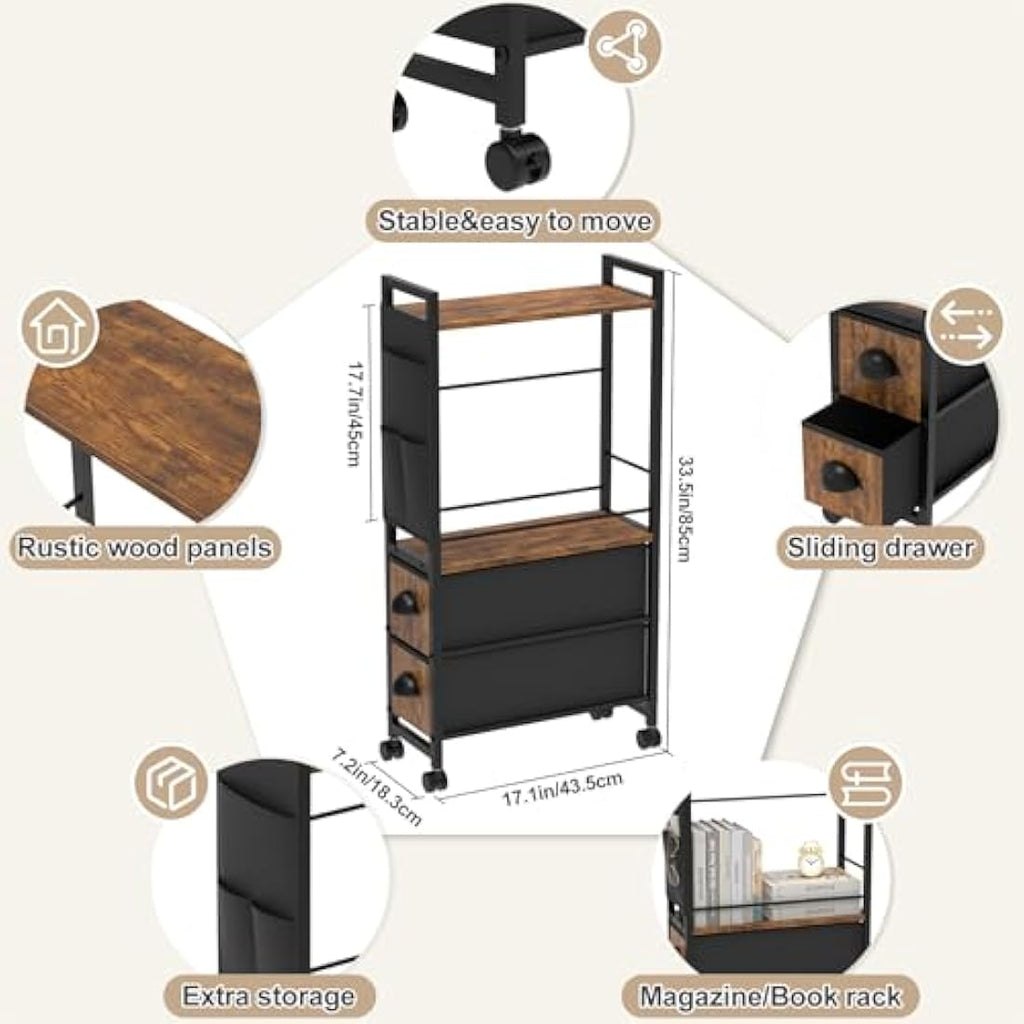 LyTaispuly Narrow Side Table with Drawers and Wheels – Rustic Slim Nightstand
