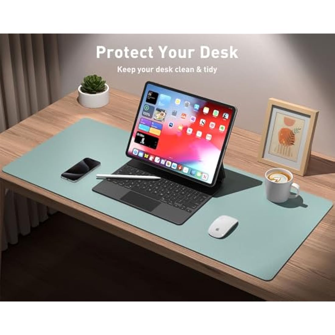 Aothia PU Leather Desk Mat – Non-Slip Waterproof Mouse Pad, Light Blue