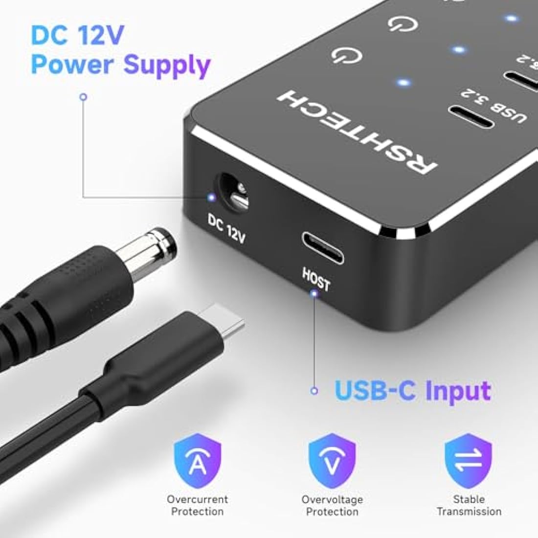 RSHTECH 10-Port Powered USB-C Hub – 10Gbps USB 3.2 Data Splitter with 60W Adapter