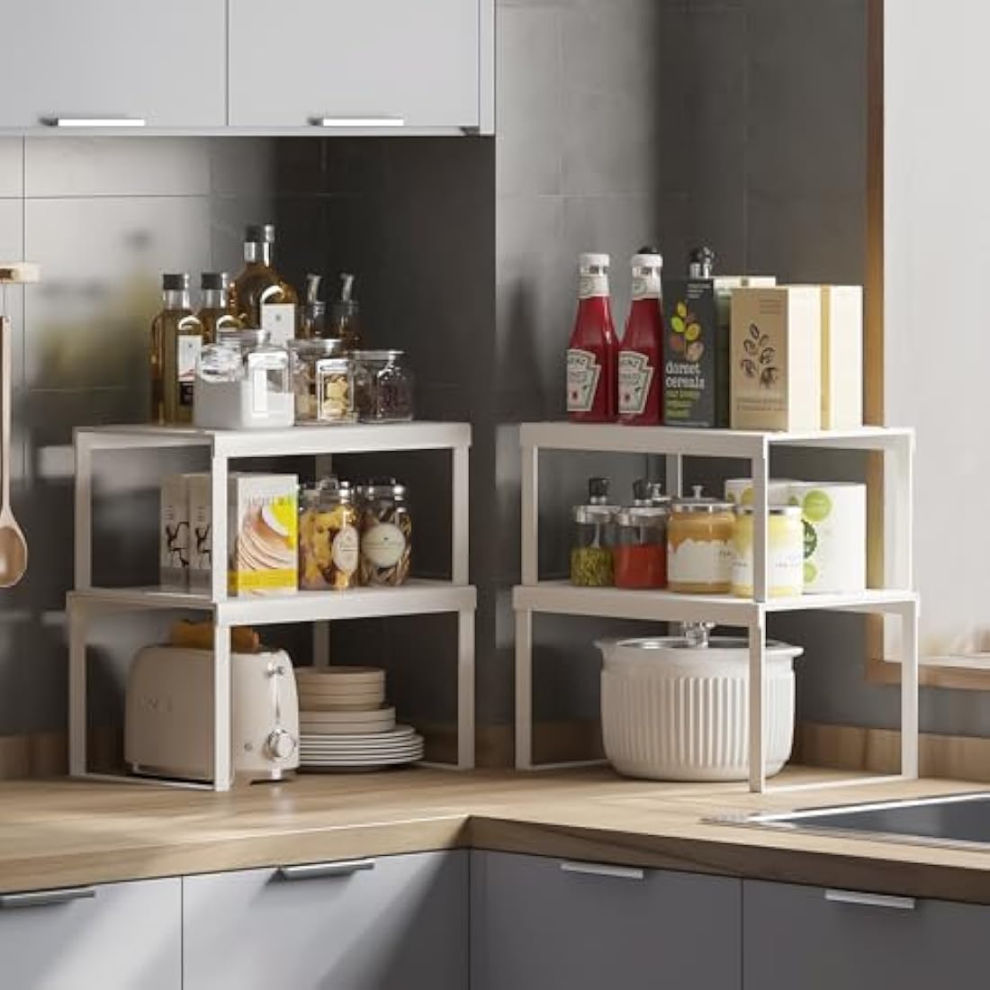 Jolof Store Kitchen Cupboard Organiser – 4-Pack Metal Stackable Shelf Rack