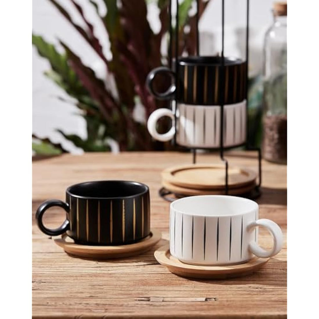 Stackable Ceramic Coffee Cup Set with Saucers & Stand