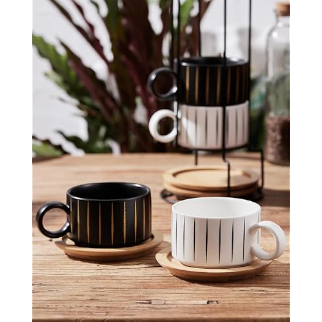 Stackable Ceramic Coffee Cup Set with Saucers & Stand