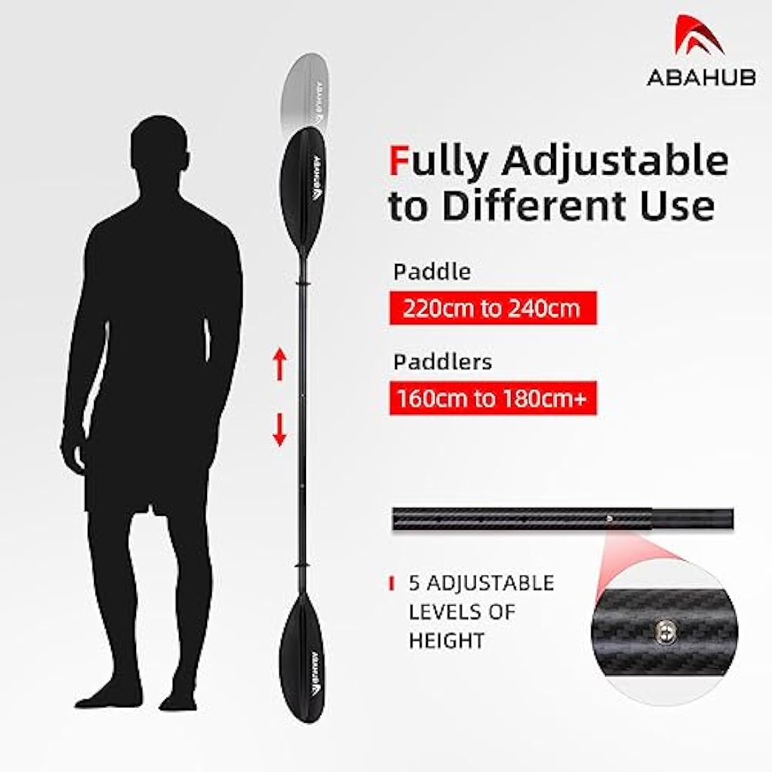 Abahub 3-Piece Carbon Fiber Kayak Paddle | Adjustable 220-240cm