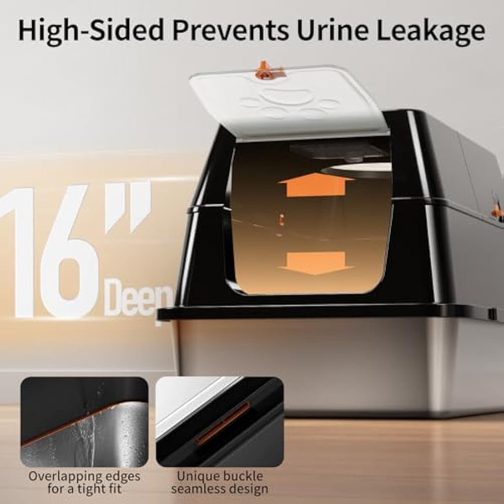 Jolof Store Stainless Steel Cat Litter Box – Large Enclosed Flip-Top Tray