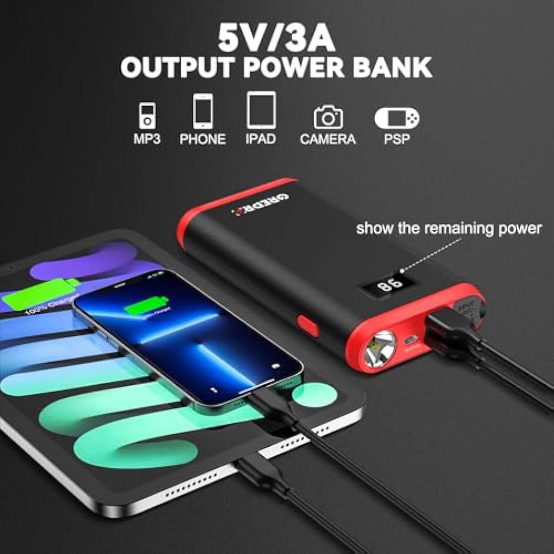 GREPRO Car Jump Starter - 12V Portable Battery Booster with LCD Screen