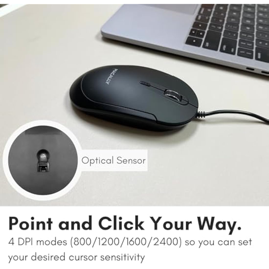 Macally Silent Wired Mouse | Slim Optical USB Mouse with Adjustable DPI