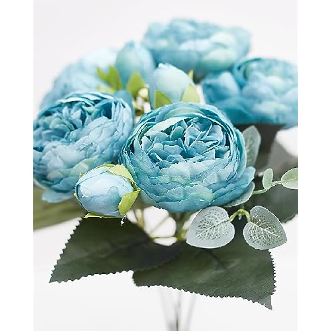 Silk Peony and Tea Rose Artificial Bouquet - Blue, 9 Heads