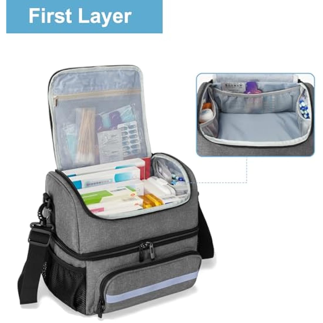 CURMIO Double Layer Medicine Storage Bag | First Aid Kit Organiser, Grey
