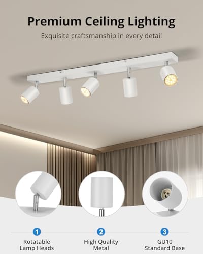Gr4tec 5-Way LED Ceiling Spotlight Bar | Matte White GU10 Light Fitting