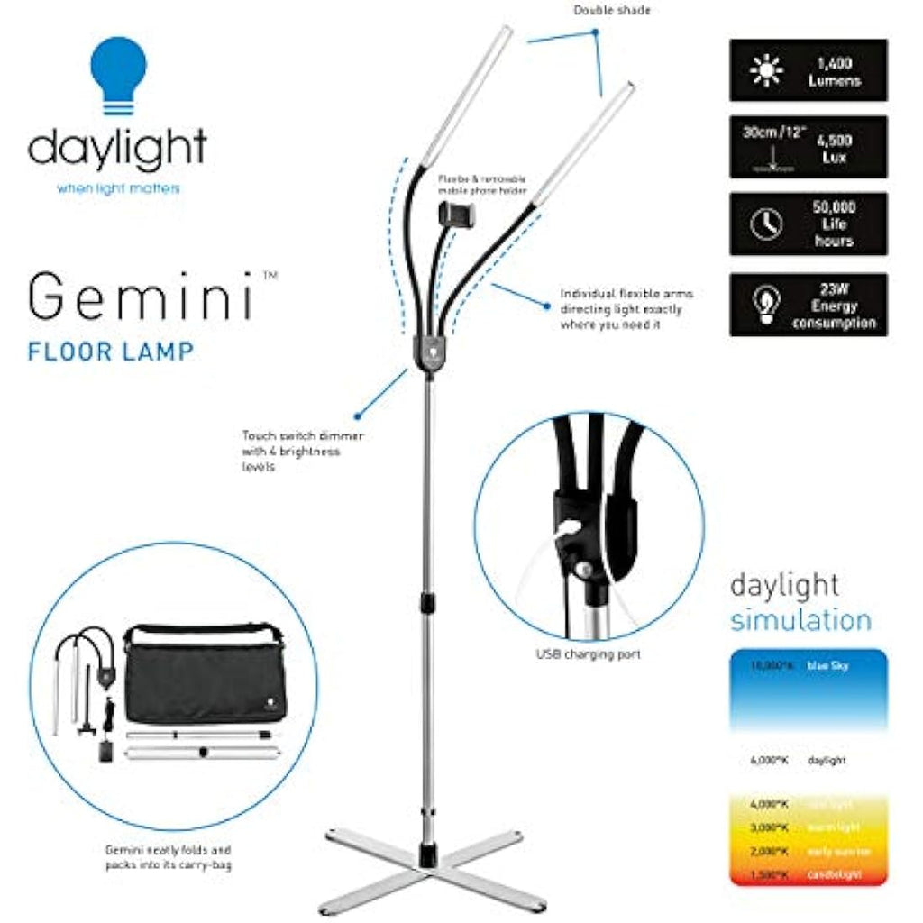 Daylight Gemini LED Floor Lamp | Dual Shade Beauty Light with Phone Holder